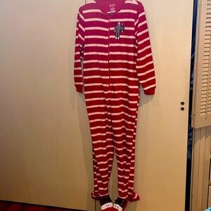 Nick & Nora footed red white sock monkey pajamas adult size small
